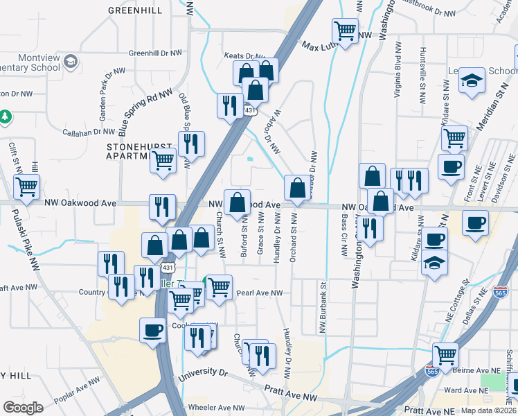 map of restaurants, bars, coffee shops, grocery stores, and more near 905 Oakwood Avenue Northwest in Huntsville