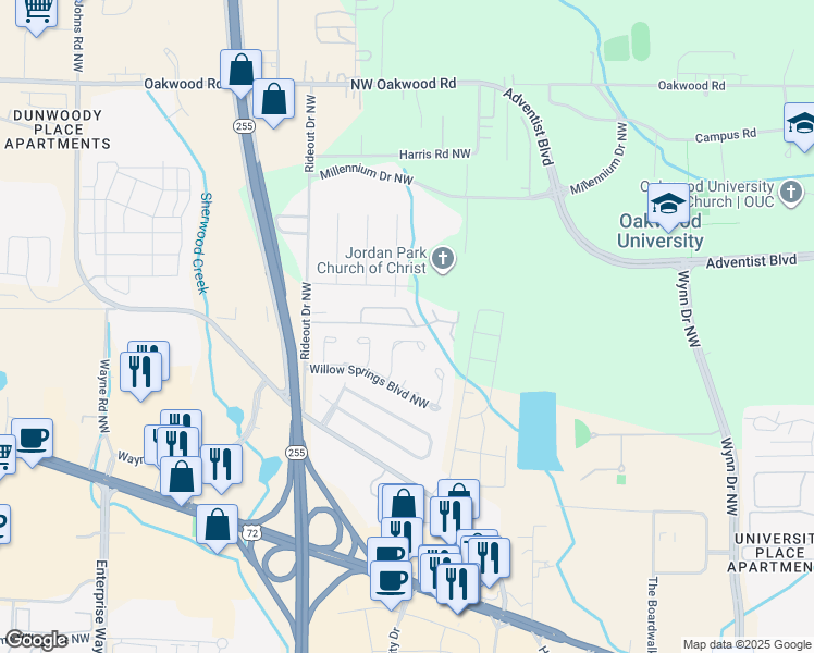 map of restaurants, bars, coffee shops, grocery stores, and more near 1823 Whisperwood Way Northwest in Huntsville