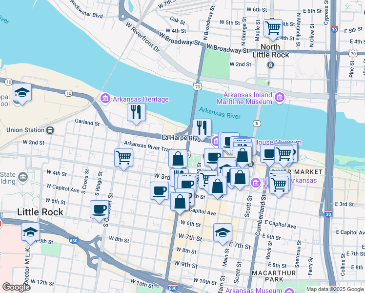 map of restaurants, bars, coffee shops, grocery stores, and more near in Little Rock
