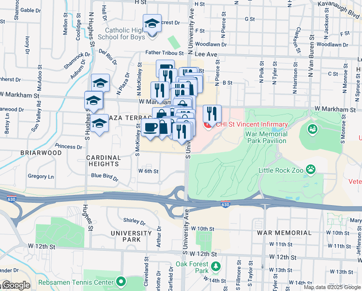map of restaurants, bars, coffee shops, grocery stores, and more near 400 South University Avenue in Little Rock