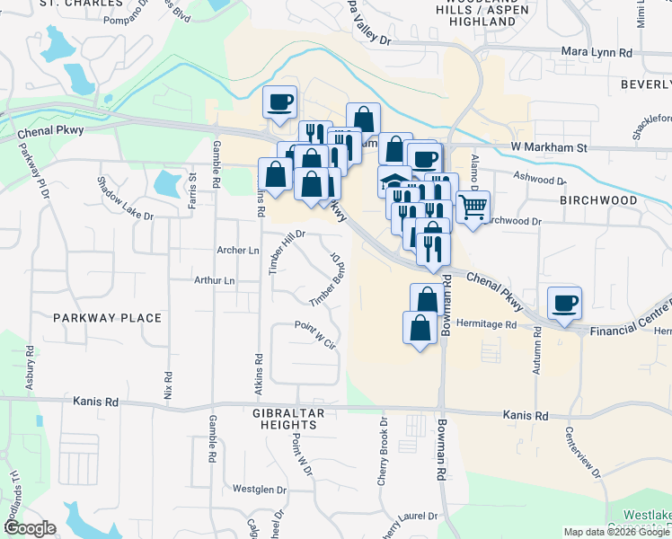 map of restaurants, bars, coffee shops, grocery stores, and more near 12419 Timber Bend Drive in Little Rock