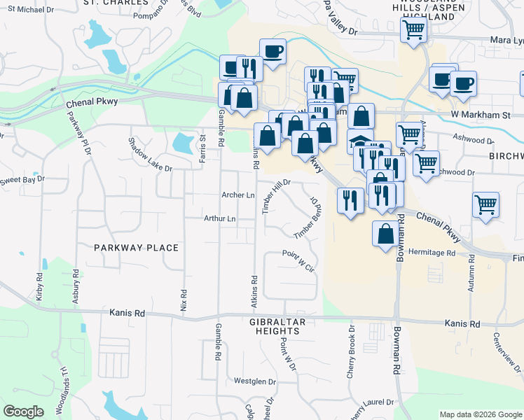 map of restaurants, bars, coffee shops, grocery stores, and more near 601 Timber Hill Drive in Little Rock