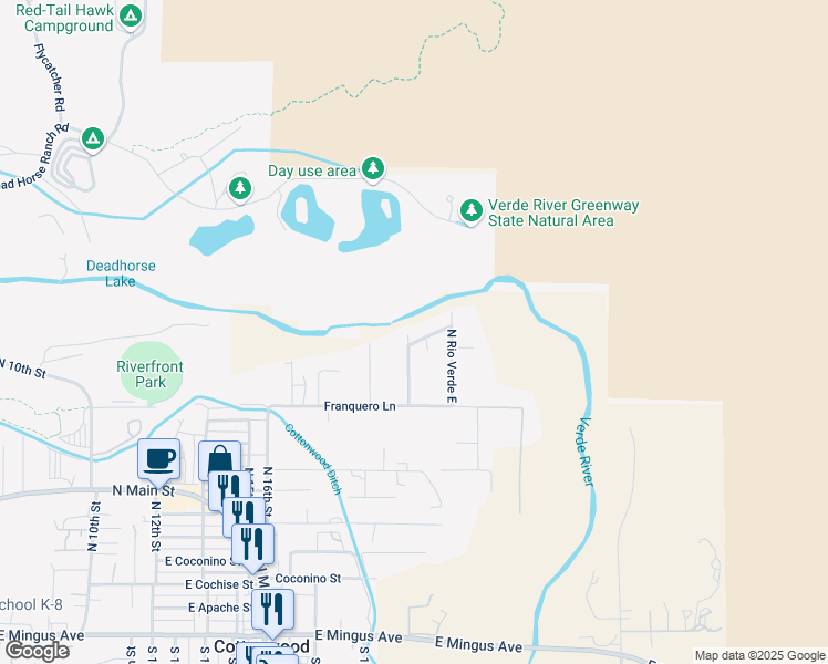 map of restaurants, bars, coffee shops, grocery stores, and more near 1036 North Rio Verde Circle in Cottonwood