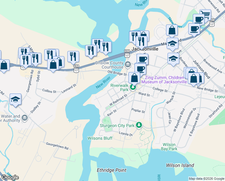 map of restaurants, bars, coffee shops, grocery stores, and more near 117 Mill Avenue in Jacksonville