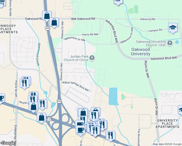 map of restaurants, bars, coffee shops, grocery stores, and more near 6642 Willow Pointe Drive Northwest in Huntsville