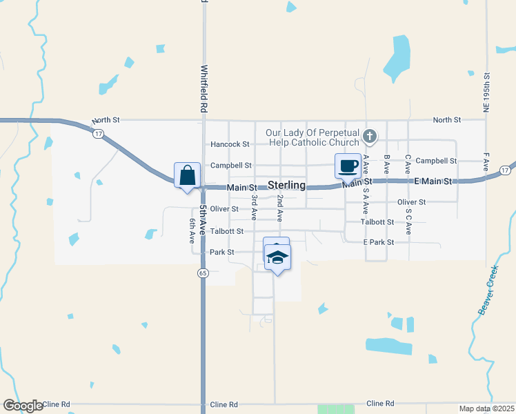 map of restaurants, bars, coffee shops, grocery stores, and more near in Sterling