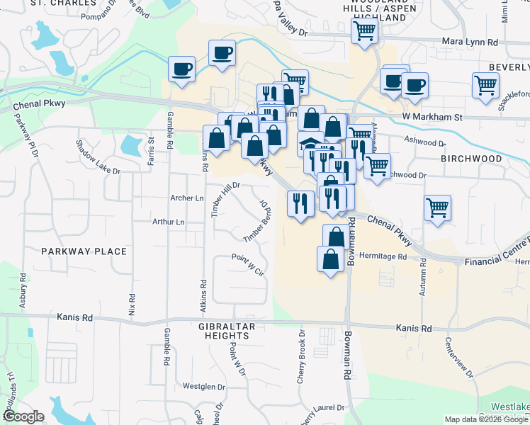 map of restaurants, bars, coffee shops, grocery stores, and more near 12419 Timber Bend Drive in Little Rock