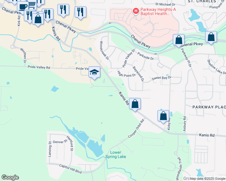 map of restaurants, bars, coffee shops, grocery stores, and more near 14707 Kanis Road in Little Rock