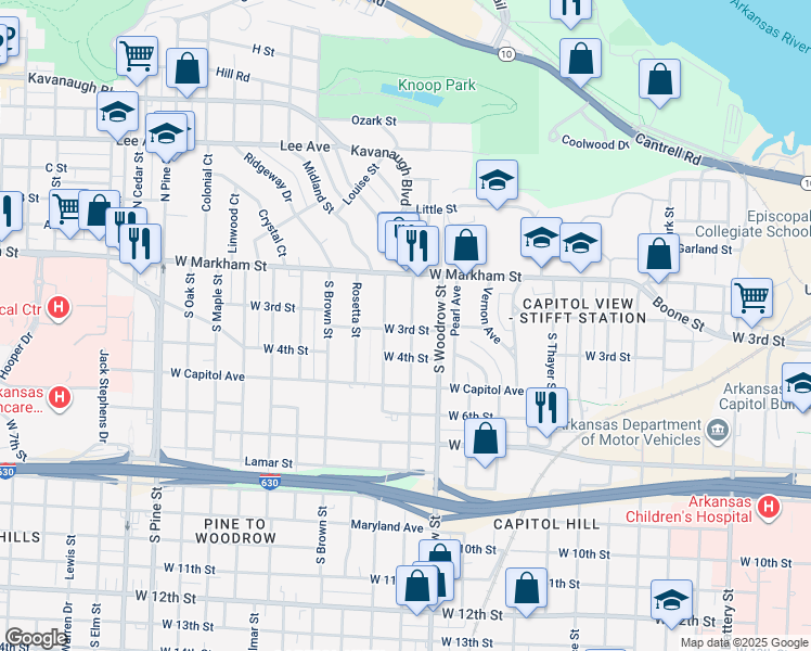 map of restaurants, bars, coffee shops, grocery stores, and more near 142 South Booker Street in Little Rock