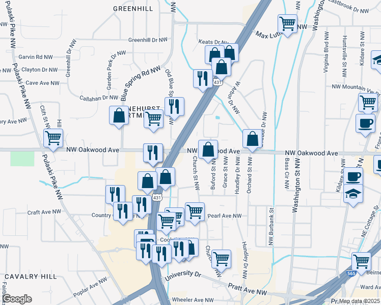 map of restaurants, bars, coffee shops, grocery stores, and more near 1167 Northwest Oakwood Avenue in Huntsville