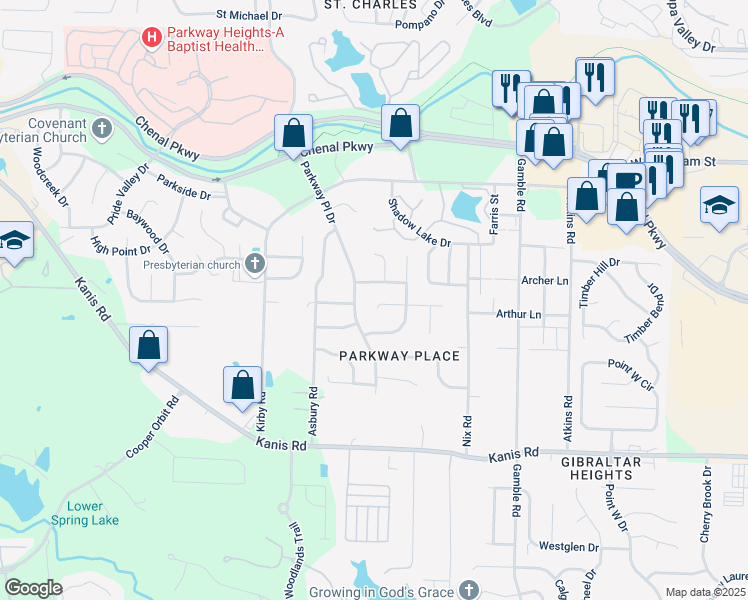 map of restaurants, bars, coffee shops, grocery stores, and more near 7 Cedar Point Court in Little Rock