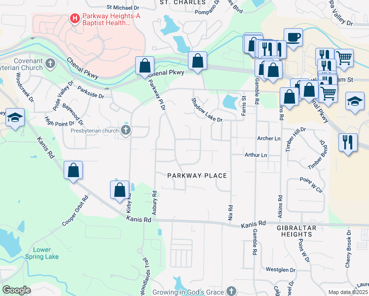 map of restaurants, bars, coffee shops, grocery stores, and more near 7 Cedar Point Court in Little Rock