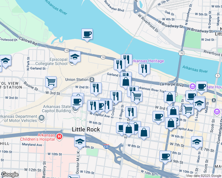 map of restaurants, bars, coffee shops, grocery stores, and more near 1218 West 2nd Street in Little Rock