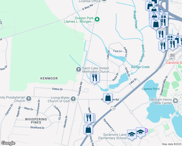 map of restaurants, bars, coffee shops, grocery stores, and more near Farmfield Cir in Laurinburg