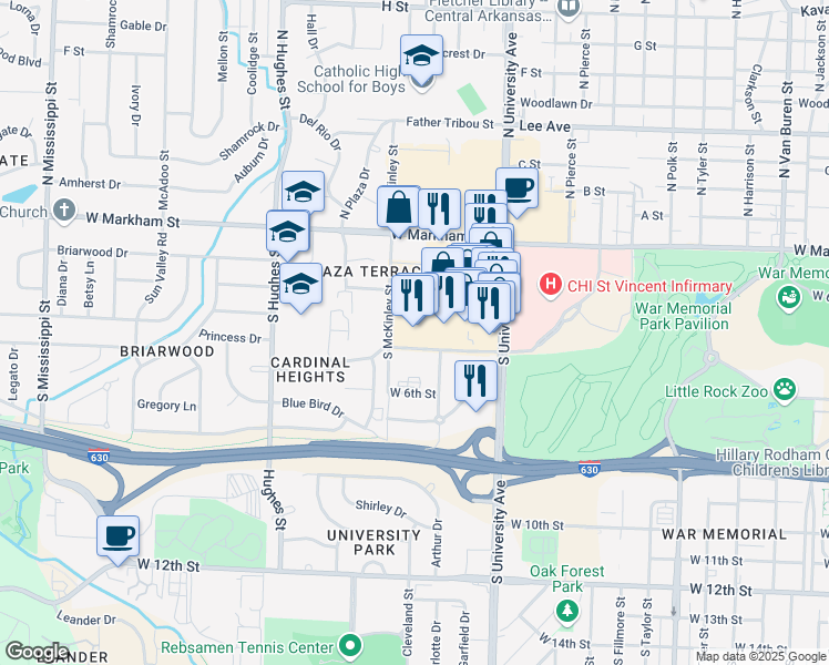 map of restaurants, bars, coffee shops, grocery stores, and more near 420 South University Avenue in Little Rock