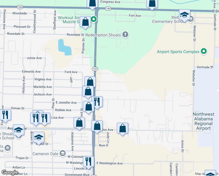 map of restaurants, bars, coffee shops, grocery stores, and more near 137 Francis Avenue in Muscle Shoals