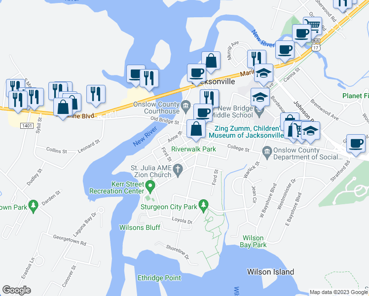 map of restaurants, bars, coffee shops, grocery stores, and more near 306 Mill Avenue in Jacksonville