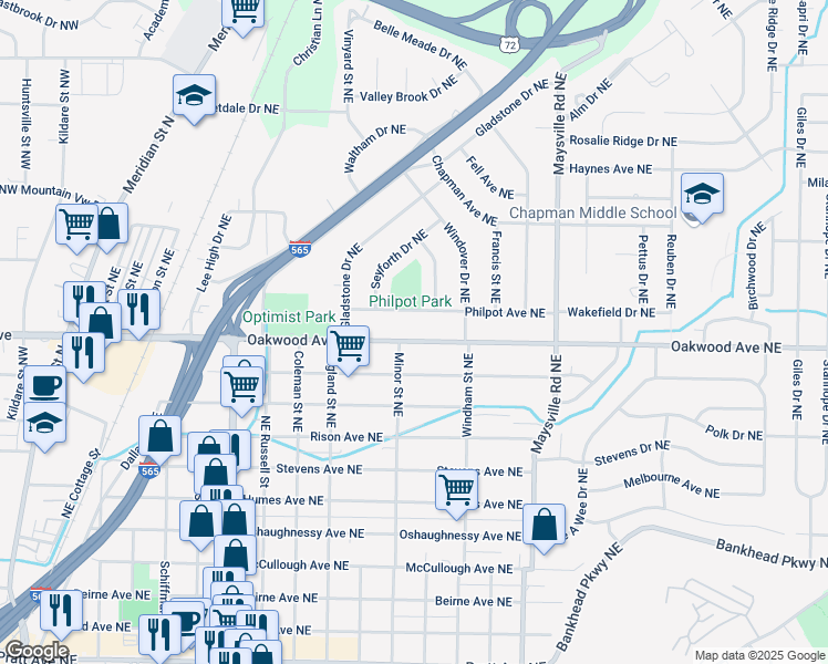 map of restaurants, bars, coffee shops, grocery stores, and more near 1316 Oakwood Avenue Northeast in Huntsville