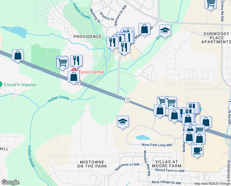map of restaurants, bars, coffee shops, grocery stores, and more near 6603 University Drive Northwest in Huntsville