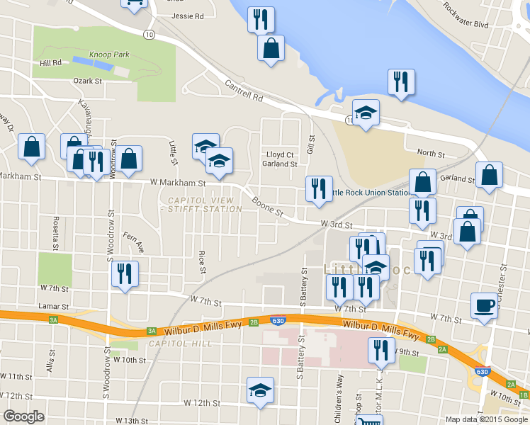 map of restaurants, bars, coffee shops, grocery stores, and more near 217 South Park Street in Little Rock