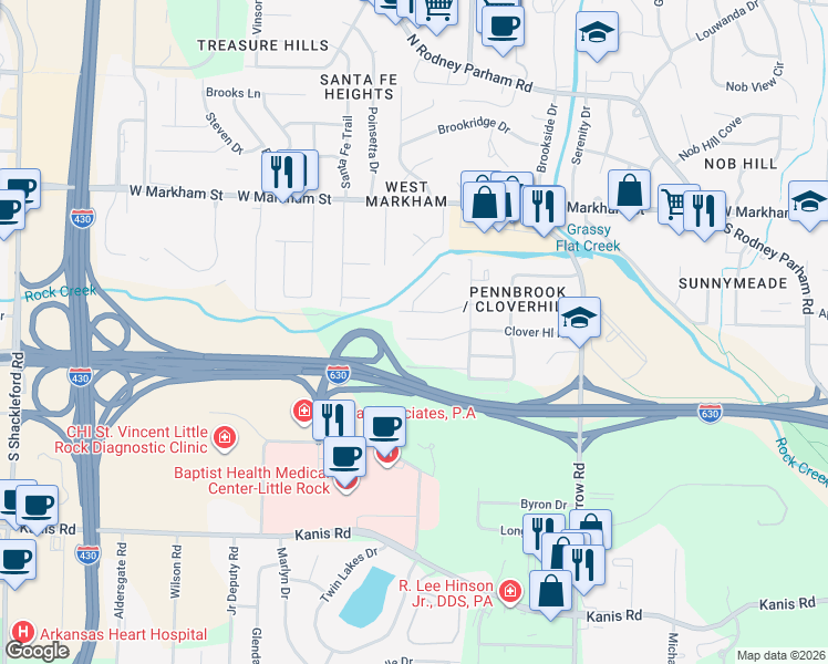 map of restaurants, bars, coffee shops, grocery stores, and more near 9319 Cloverhill Road in Little Rock