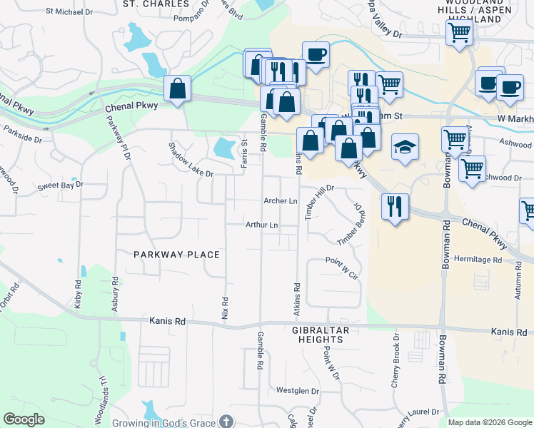 map of restaurants, bars, coffee shops, grocery stores, and more near 515 Gamble Road in Little Rock