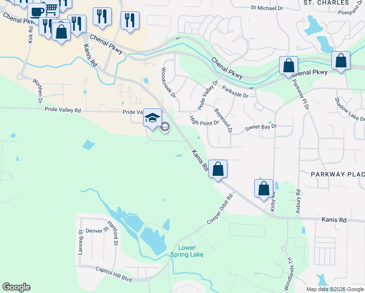 map of restaurants, bars, coffee shops, grocery stores, and more near 14707 Kanis Road in Little Rock