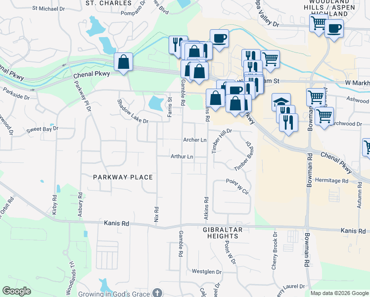 map of restaurants, bars, coffee shops, grocery stores, and more near 515 Gamble Road in Little Rock