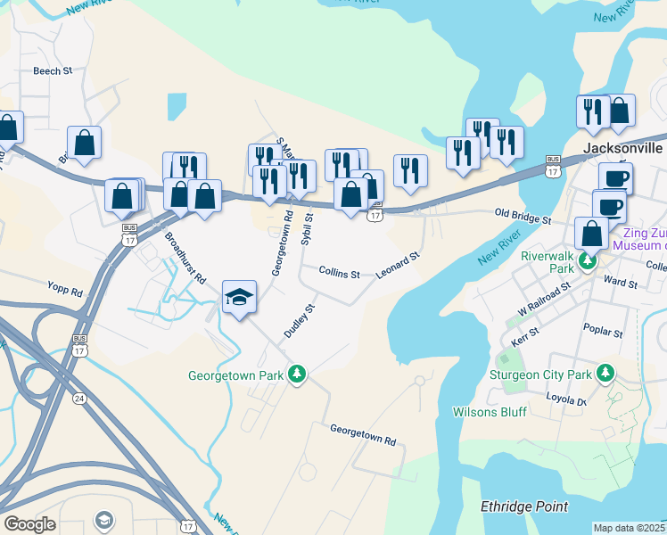 map of restaurants, bars, coffee shops, grocery stores, and more near 348 Collins Street in Jacksonville