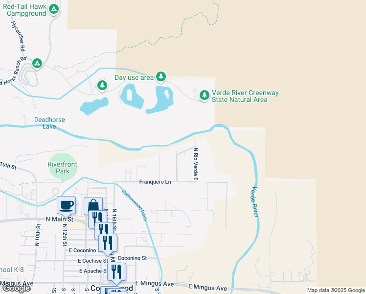 map of restaurants, bars, coffee shops, grocery stores, and more near 1036 North Rio Verde Circle in Cottonwood
