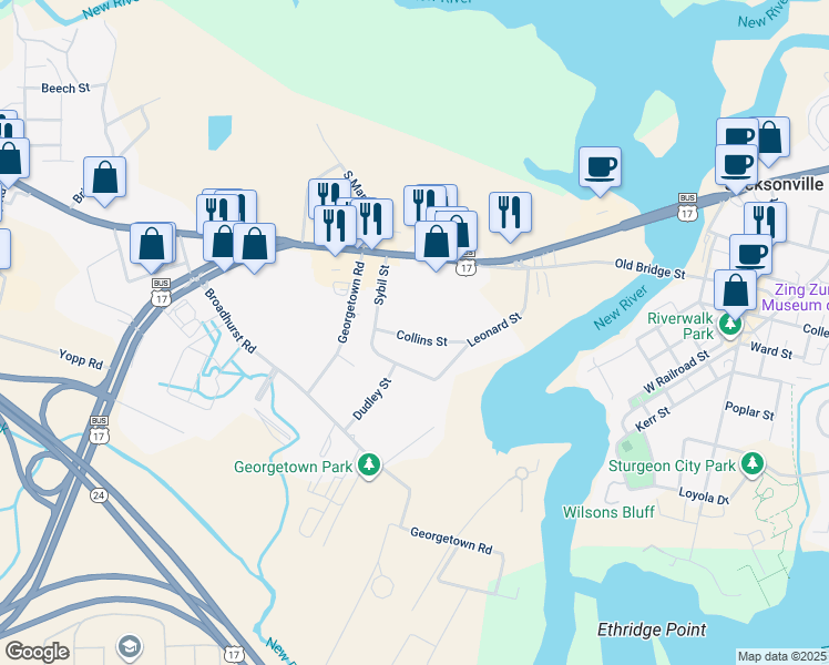 map of restaurants, bars, coffee shops, grocery stores, and more near 348 Collins Street in Jacksonville