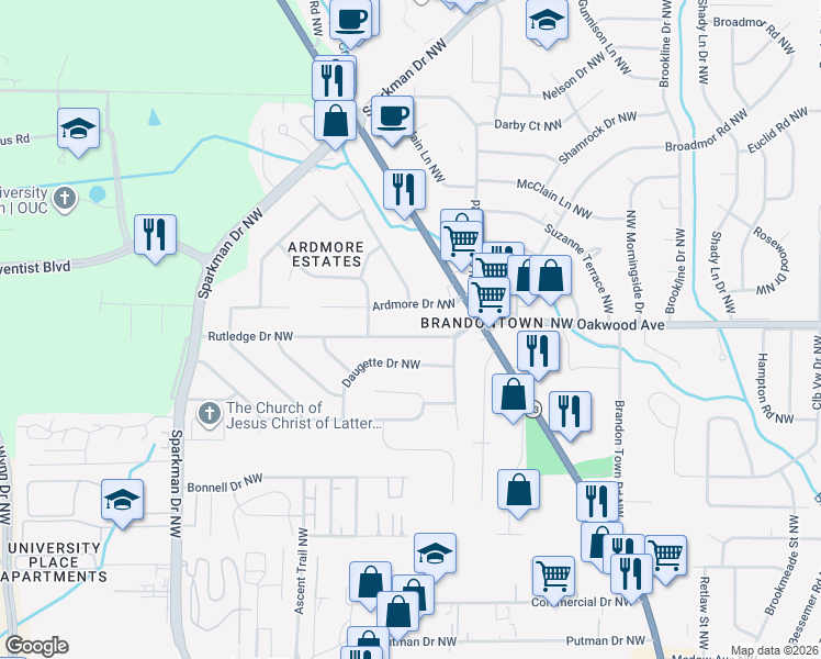 map of restaurants, bars, coffee shops, grocery stores, and more near 4613 Rutledge Drive Northwest in Huntsville