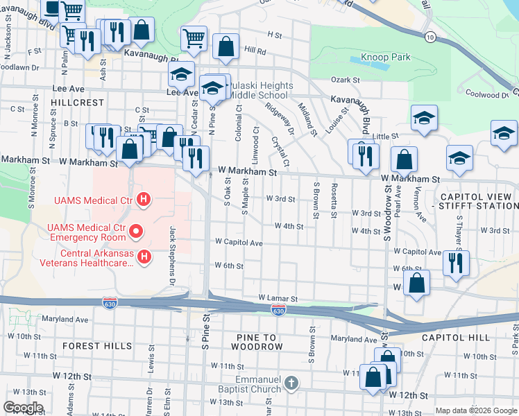 map of restaurants, bars, coffee shops, grocery stores, and more near 315 South Valentine Street in Little Rock