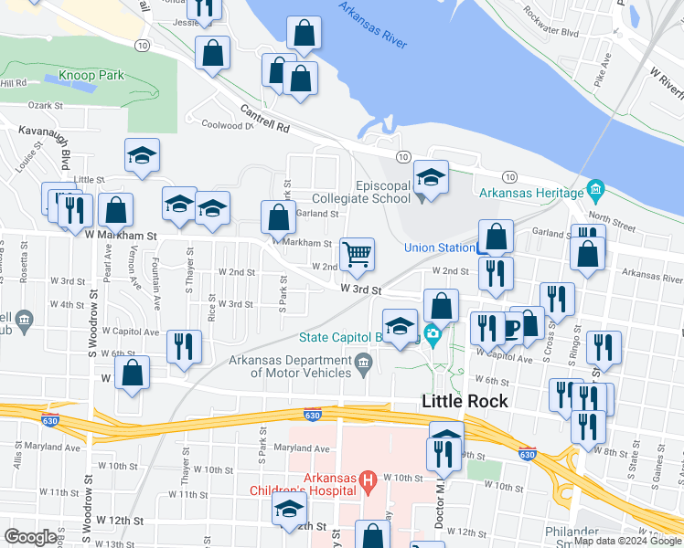 map of restaurants, bars, coffee shops, grocery stores, and more near 1915 West 2nd Street in Little Rock