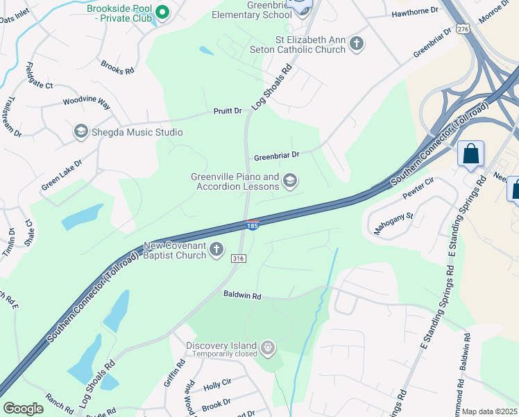 map of restaurants, bars, coffee shops, grocery stores, and more near 27201 Log Shoals Road in Greenville