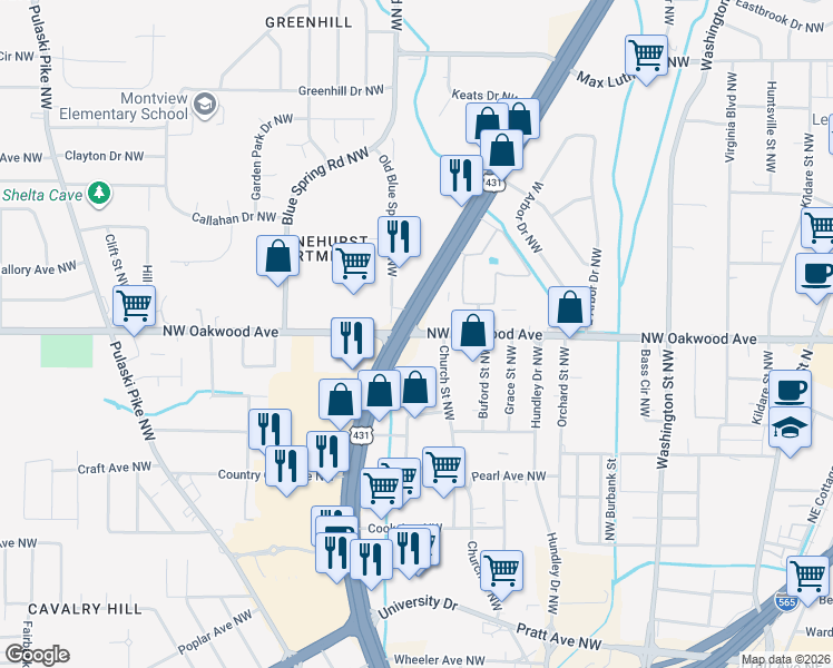 map of restaurants, bars, coffee shops, grocery stores, and more near 1167-1199 Oakwood Avenue Northwest in Huntsville