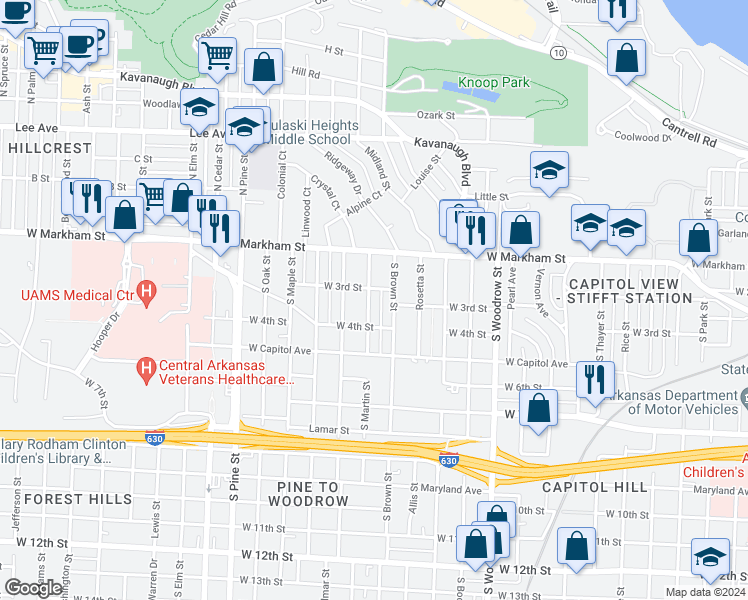 map of restaurants, bars, coffee shops, grocery stores, and more near 309 South Martin Street in Little Rock