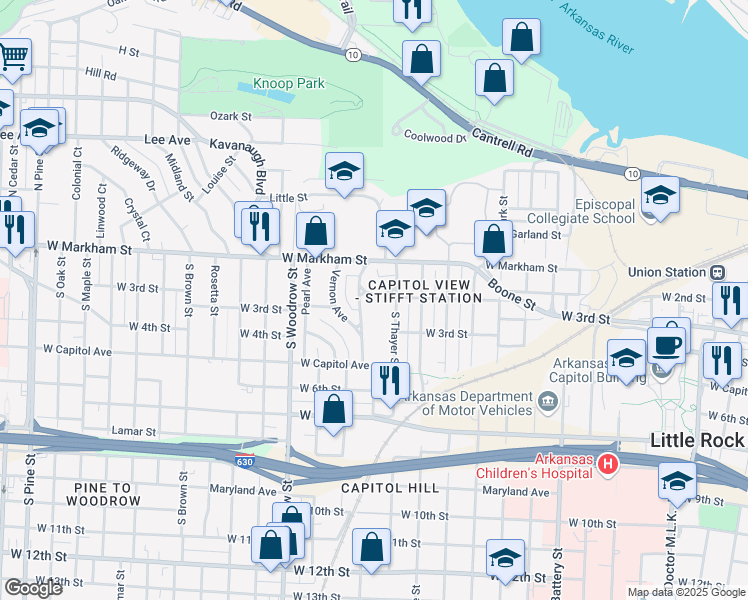 map of restaurants, bars, coffee shops, grocery stores, and more near 2517 Grove Circle in Little Rock