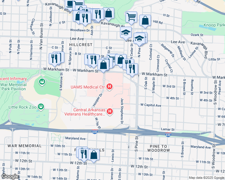map of restaurants, bars, coffee shops, grocery stores, and more near 4301 West Markham Street in Little Rock