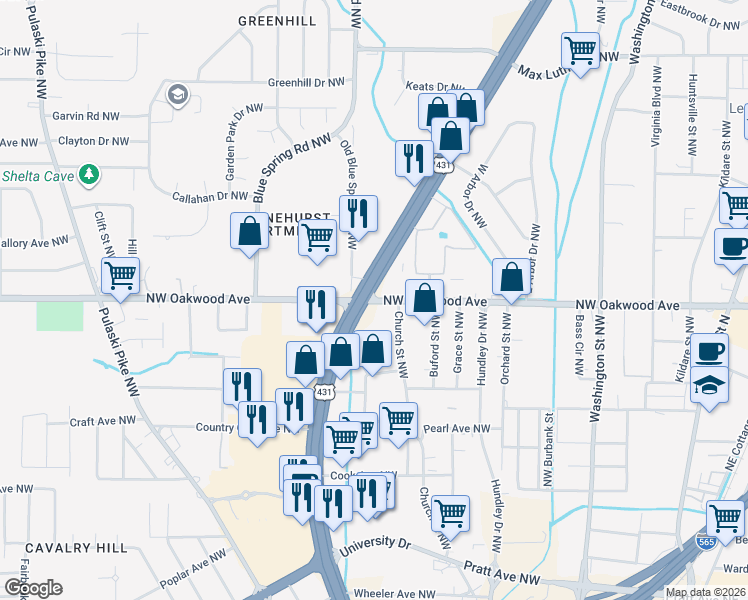 map of restaurants, bars, coffee shops, grocery stores, and more near 1167-1199 Oakwood Avenue Northwest in Huntsville