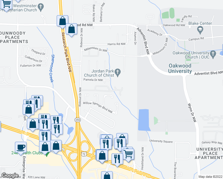 map of restaurants, bars, coffee shops, grocery stores, and more near 1823 Whisperwood Way Northwest in Huntsville
