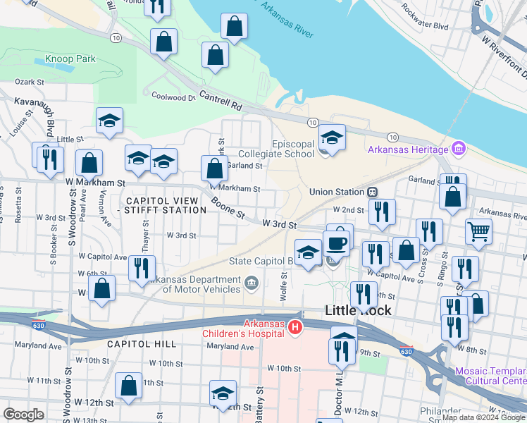map of restaurants, bars, coffee shops, grocery stores, and more near 1910 West 3rd Street in Little Rock