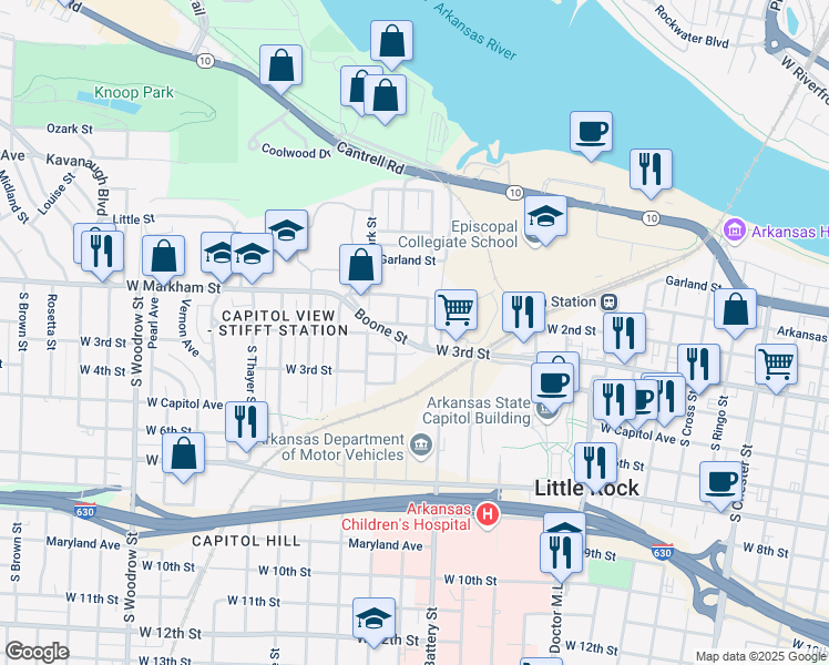 map of restaurants, bars, coffee shops, grocery stores, and more near in Little Rock