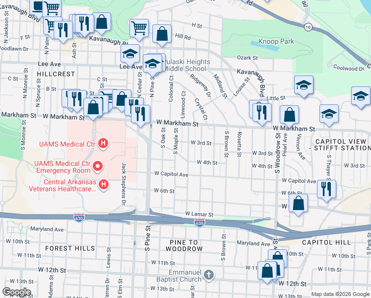 map of restaurants, bars, coffee shops, grocery stores, and more near 315 South Valentine Street in Little Rock