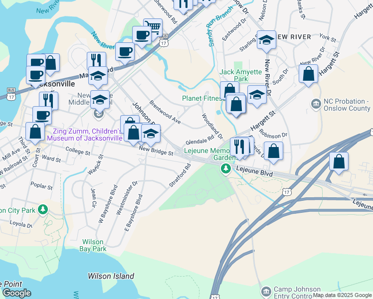 map of restaurants, bars, coffee shops, grocery stores, and more near 110 Johnson Boulevard in Jacksonville