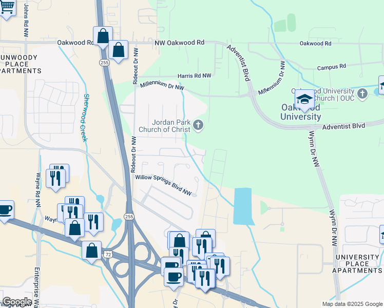 map of restaurants, bars, coffee shops, grocery stores, and more near 6612 Willow Pointe Drive Northwest in Huntsville
