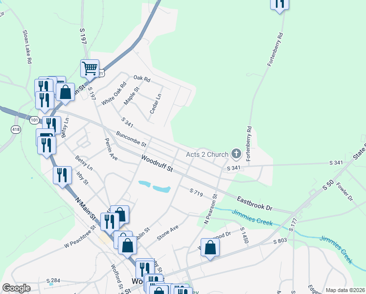map of restaurants, bars, coffee shops, grocery stores, and more near 315 Poole Street in Woodruff