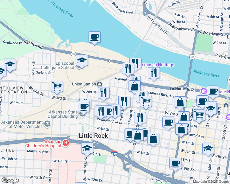 map of restaurants, bars, coffee shops, grocery stores, and more near 114 South Pulaski Street in Little Rock