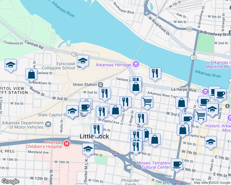 map of restaurants, bars, coffee shops, grocery stores, and more near 114 South Pulaski Street in Little Rock