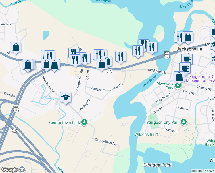 map of restaurants, bars, coffee shops, grocery stores, and more near 304 Collins Street in Jacksonville